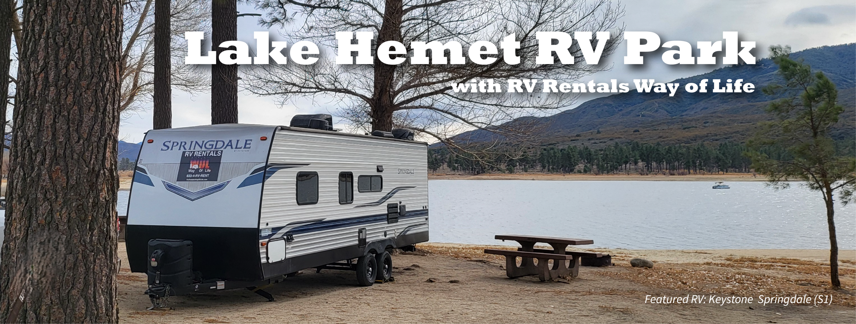 Travel Trailer parked lakeside of Lake Hemet RV Resort