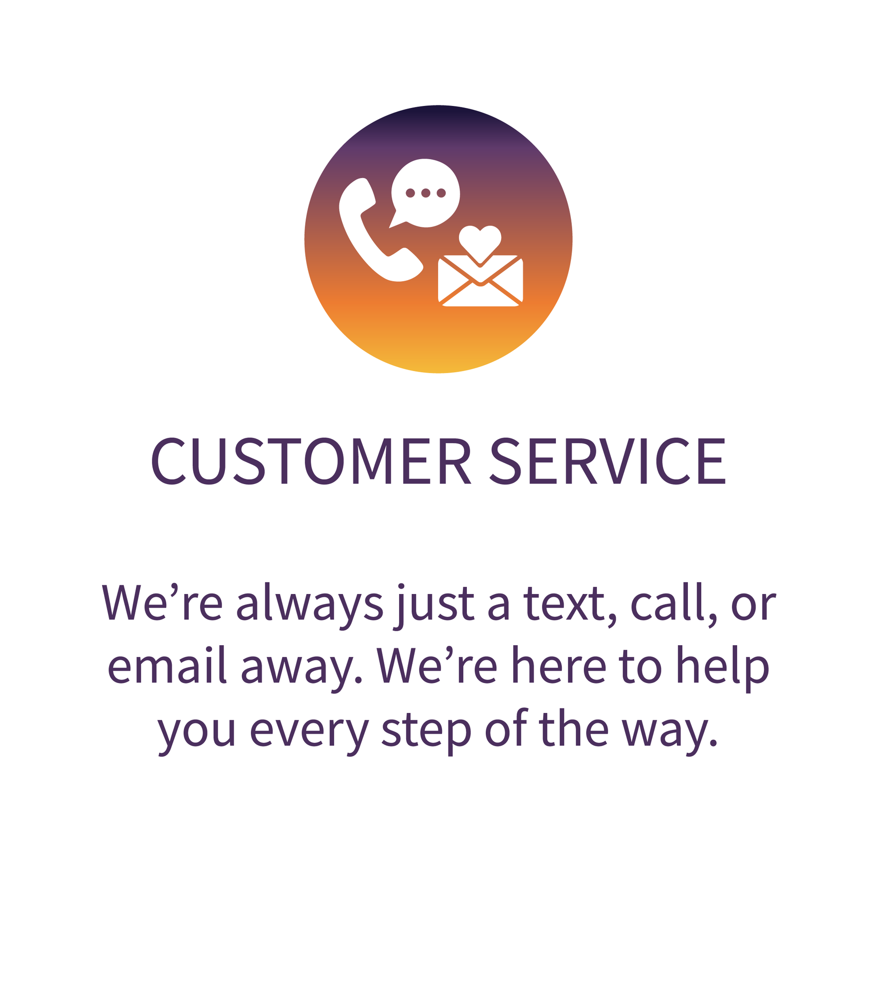 Customer Service: We're always just a text, call, or email away. We're here to help you every step o…